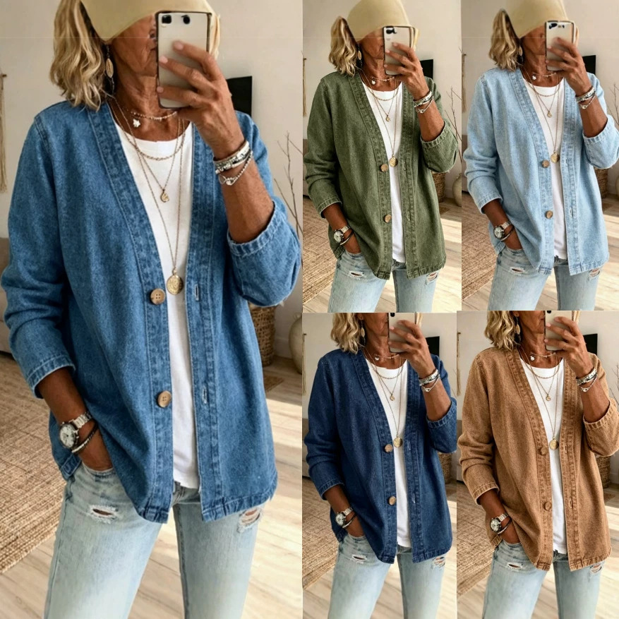 Women'S Fashion Denim Jacket - เสื้อแจ็คเก็ตยีนส์ผู้หญิงสำหรับฤดูใบไม้ผลิและฤดูใบไม้ร่วง แขนยาว กระดุมแถวเดียว สไตล์ลำลอง