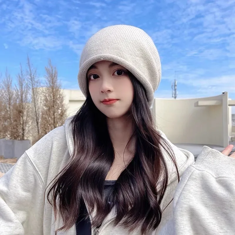 Women Fashion Hats - หมวกบีนนี่ถักไหมพรมสำหรับผู้หญิง ฤดูหนาว อุ่น สวมใส่สบาย ทรงหลวม แฟชั่น