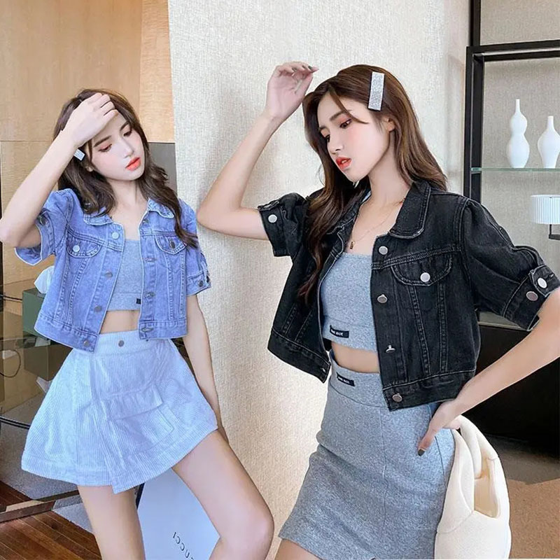 Women'S Fashion Denim Jacket - Lucyever เสื้อแจ็กเก็ตยีนส์ครอปแบบสั้นสไตล์เกาหลีสำหรับผู้หญิง, เสื้อโค้ทยีนส์คอปกกระดุมแฟชั่นสำหรับใส่ในฤดูร้อน2023