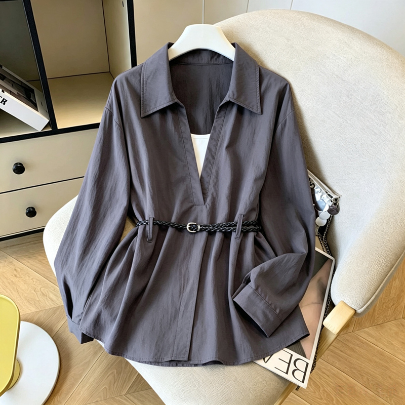 Belted Shirt Dress - เสื้อเชิ้ตผู้หญิงคอปกคลาสสิกแขนยาวพร้อมเข็มขัด สไตล์ฝรั่งเศส หรูหรา สำหรับออฟฟิศ ยุค 2000
