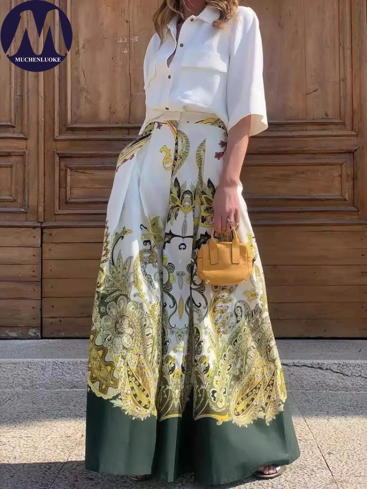 Wide Leg Palazzo Pants - ชุดเซ็ต 2 ชิ้นสำหรับผู้หญิง ฤดูร้อน เสื้อแขนสั้นทรงหรูหรา และกางเกงขายาวทรงหลวมแฟชั่นลำลอง