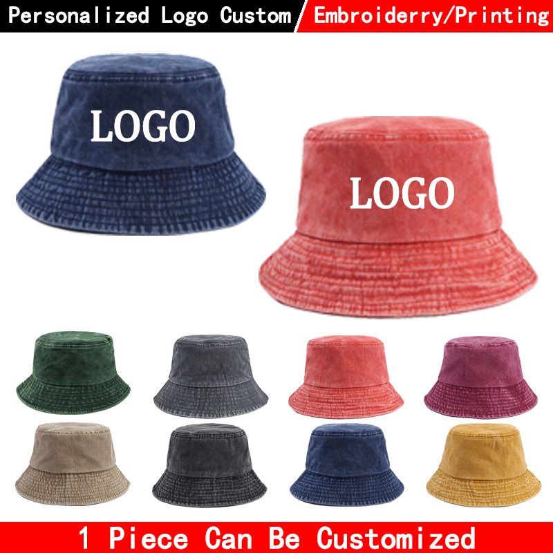Women Fashion Hats - หมวกบักเก็ตยีนส์โลโก้สั่งทำพิเศษ แฟชั่นหมวกยีนส์ฟอก ดีไซน์หมวกปานามาสำหรับผู้ชาย หมวกกันแดดลำลองสำหรับผู้หญิง หมวกตกปลา