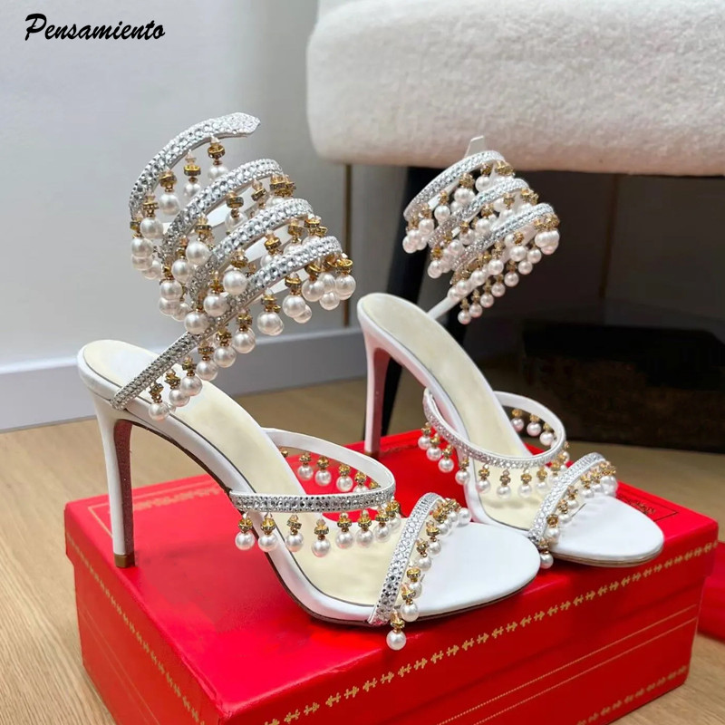 Women'S Fashion Q - รองเท้าส้นสูงประดับมุกและคริสตัลหรูหรา สไตล์กลาดิเอเตอร์ สายรัดข้อเท้าลายงู ผ้าซาติน เหมาะสำหรับงานเลี้ยงฤดูร้อนและงานแต่งงาน