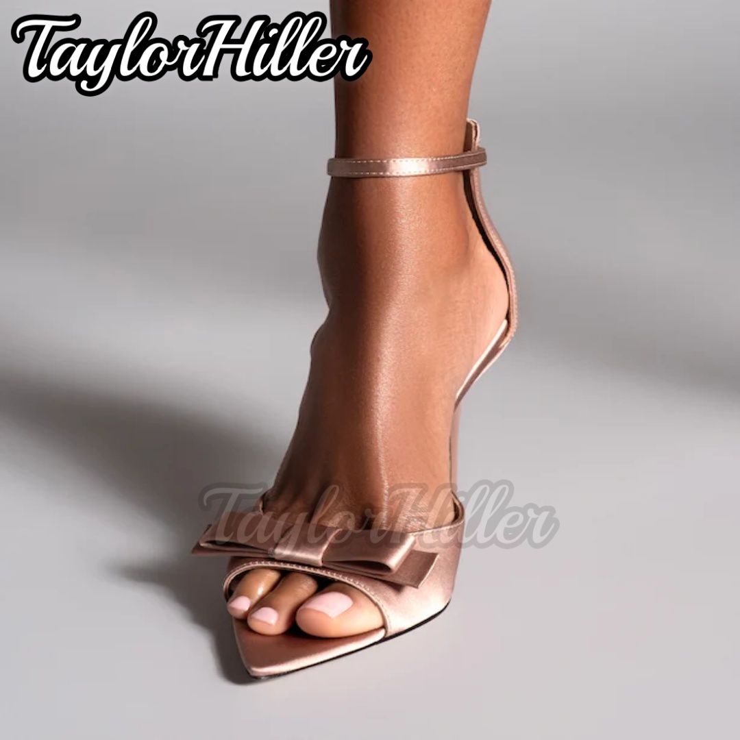 Women'S Fashion Q - รองเท้าส้นสูงแบบผูกโบว์สีชมพูอ่อน ปลายแหลม ผ้าซาติน ส้นเตี้ย สายรัดแบบหัวเข็มขัด สำหรับผู้หญิง