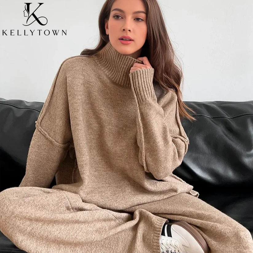 Wide Leg Palazzo Pants - ชุดกางเกงไหมพรมฤดูใบไม้ร่วง-ฤดูหนาว 2026 เสื้อคอเต่า กางเกงขายาวเอวสูง ชุดลำลองสำหรับผู้หญิง เสื้อสเวตเตอร์อุ่นๆ