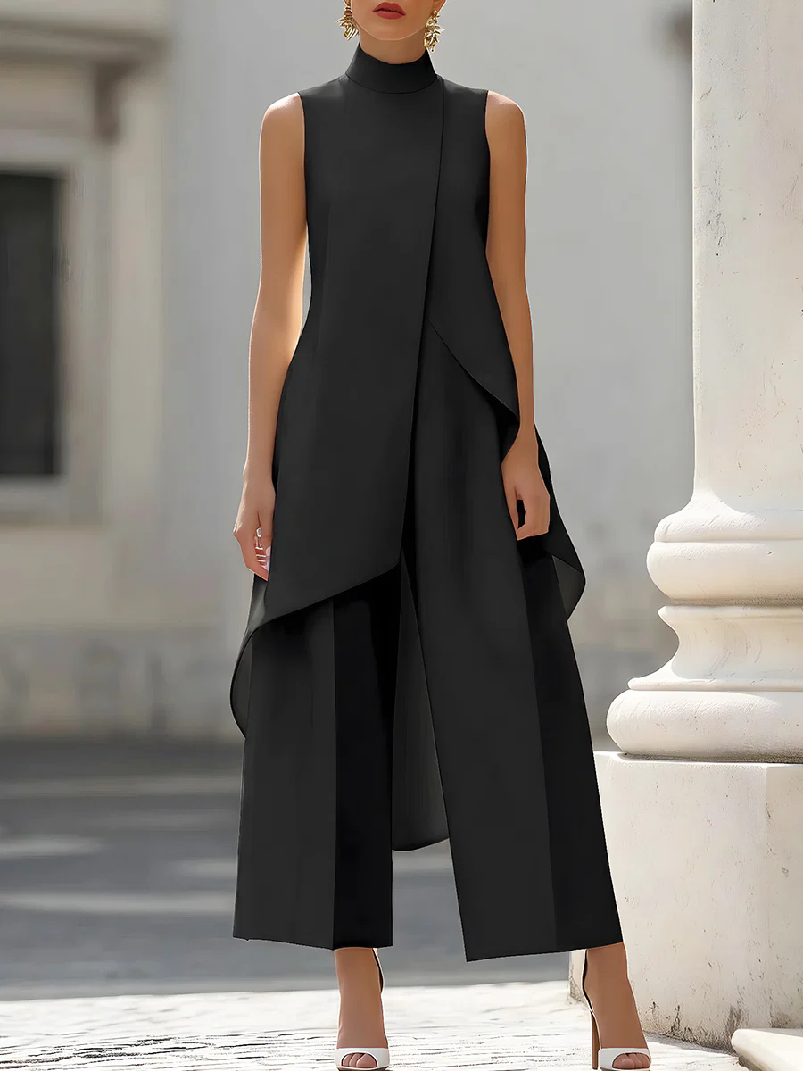 Wide Leg Palazzo Pants - จั๊มสูทแขนกุดคอสูงแบบอสมมาตร แต่งผ้าซ้อนทับ กางเกงขายาวทรง Palazzo สง่างาม เหมาะสำหรับงานเลี้ยงตอนเย็นสำหรับผู้หญิง