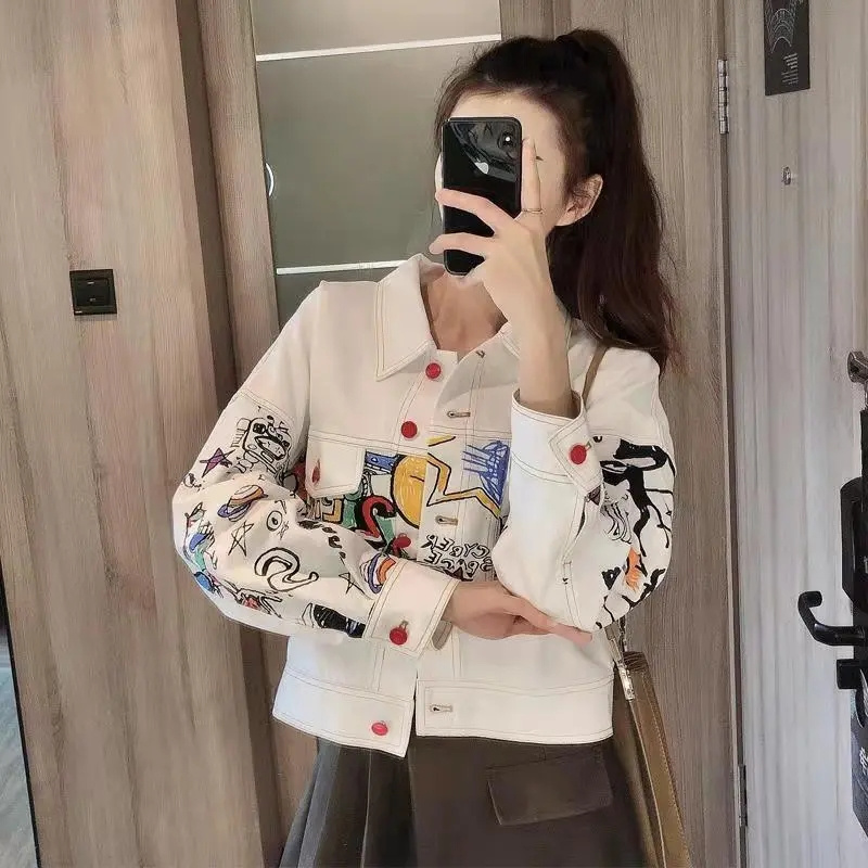 Women'S Fashion Denim Jacket - หญิงเกาหลีแฟชั่นคาวบอยเสื้อ Outwear 2025 ผู้หญิงพิมพ์ DENIM แจ็คเก็ตฤดูใบไม้ผลิฤดูใบไม้ร่วงสุภาพสตรีแขนยาวกางเกงยีนส์