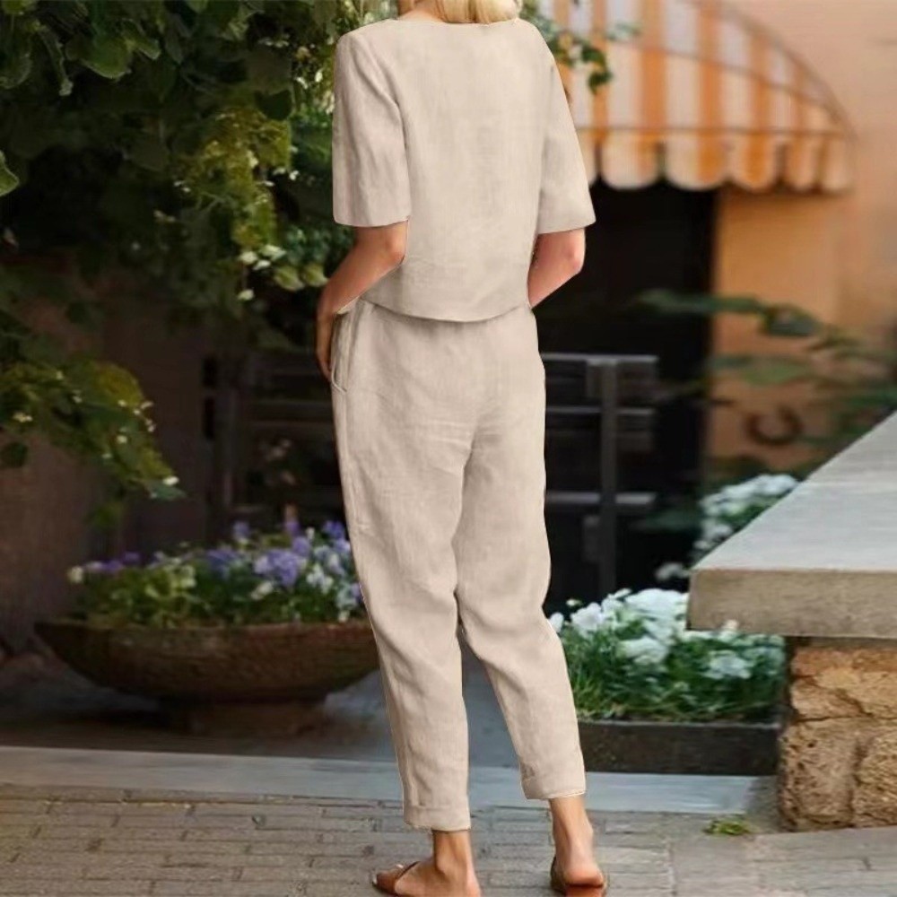 Wide Leg Palazzo Pants - ชุดสูทผ้าฝ้ายลินินแขนสั้นสำหรับผู้หญิง คอกลม กางเกงขายาวทรงกว้าง ชุดเข้าเซ็ตฤดูร้อน เอวยางยืด ใส่สบาย