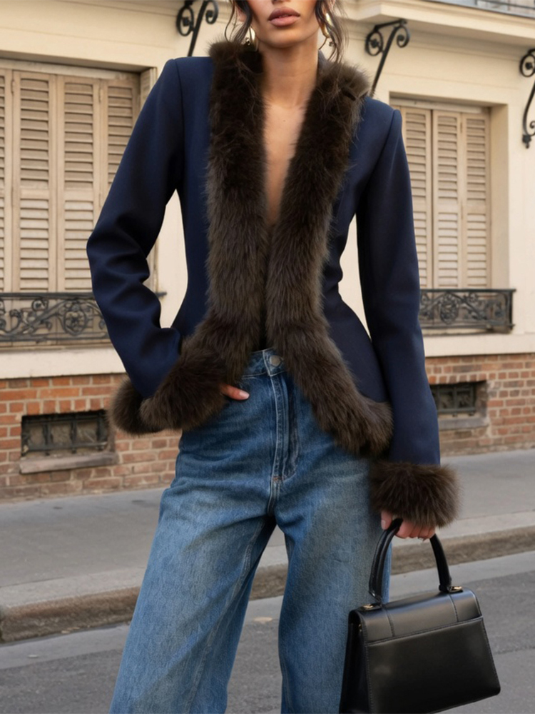 Women'S Fashion Long Coat - ชุดกระโปรงขนสัตว์แบบปะติดปะต่อสำหรับผู้หญิง เสื้อโค้ทแขนยาวทรงเข้ารูปสไตล์เรโทร กระโปรงสั้น ชุดเซ็ต 2 ชิ้น