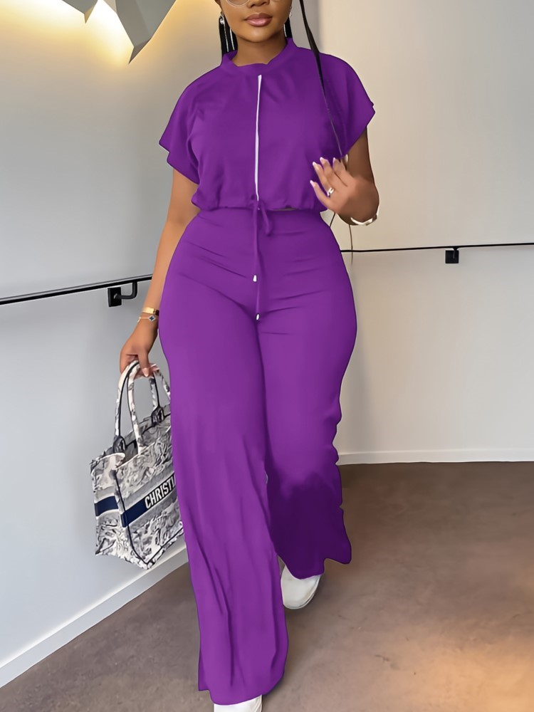 ผู้หญิงสบายๆรอบคอสายรัดแขนสั้น - Wide Leg Palazzo Pants บทวิจารณ์และราคา