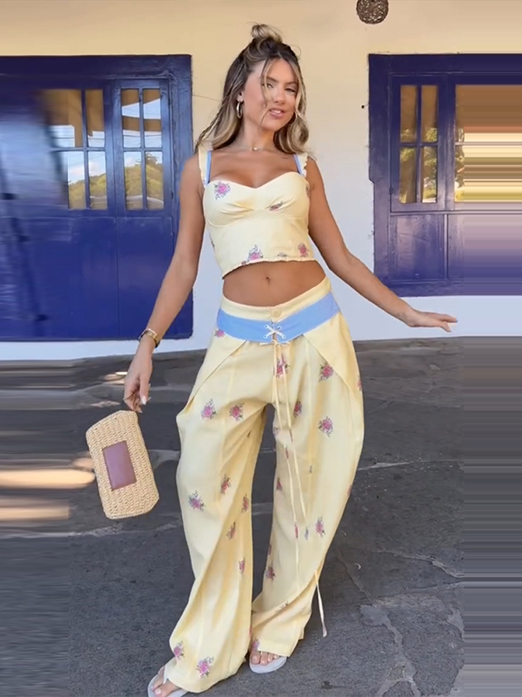 ชุดเซ็ตผู้หญิงลายพิมพ์ฤดูร้อน- - Wide Leg Palazzo Pants บทวิจารณ์และราคา
