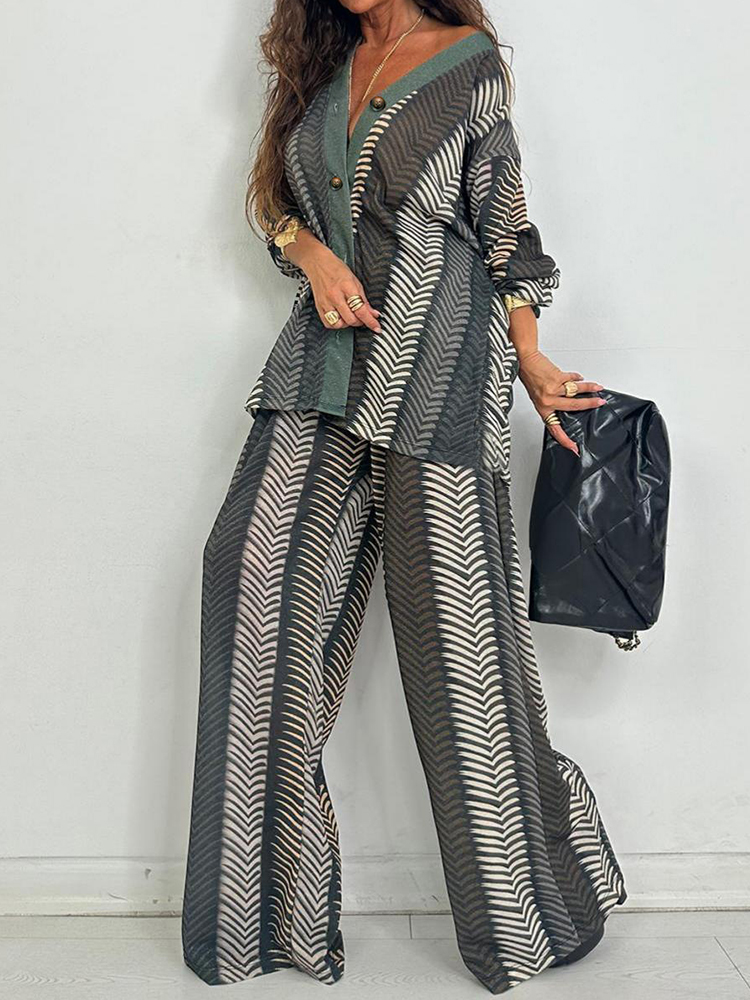 เสื้อคาร์ดิแกนคอวีแขนยาวพิมพ์ล - Wide Leg Palazzo Pants บทวิจารณ์และราคา