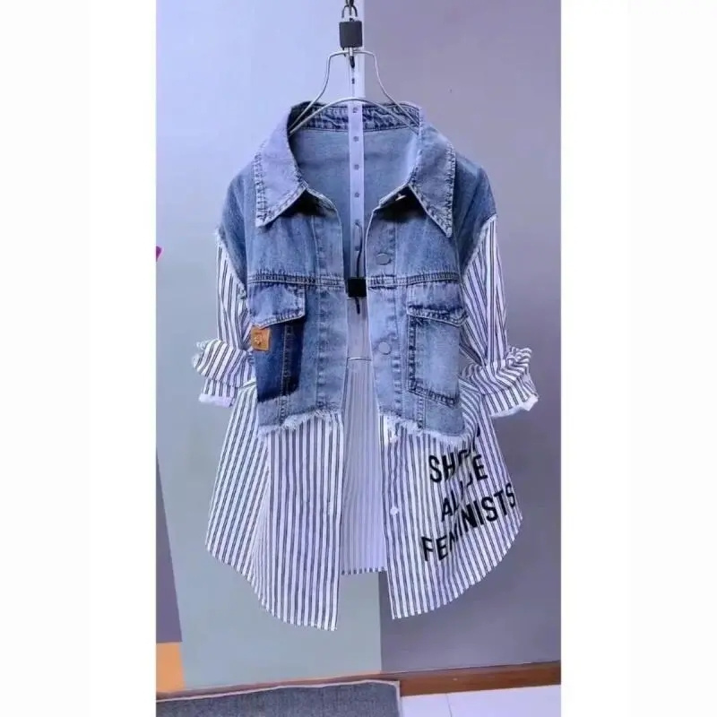 เสื้อแจ็คเก็ตยีนส์ลายทางแฟชั่น - Women'S Fashion Denim Jacket บทวิจารณ์และราคา
