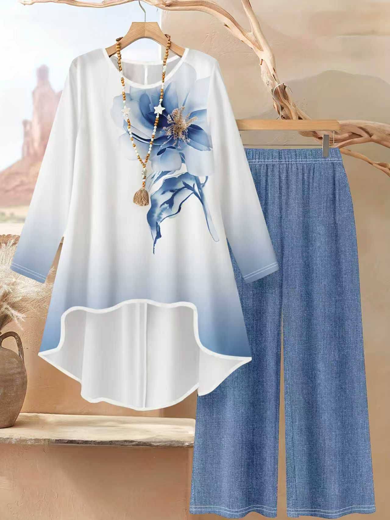 ชุดแฟชั่นสตรี 2 ชิ้น เสื้อแขนย - Wide Leg Palazzo Pants บทวิจารณ์และราคา